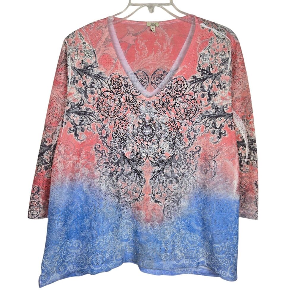 Reba Woman Top 3X Salmon Blue Ombre Rhinestone 3/4 Crochet Sleeve V-Neck Western